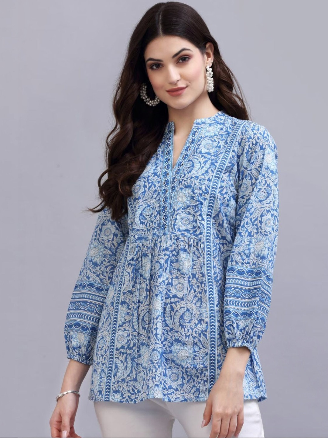 Amayra Floral Print Mandarin Collar Ethnic Cotton Top
