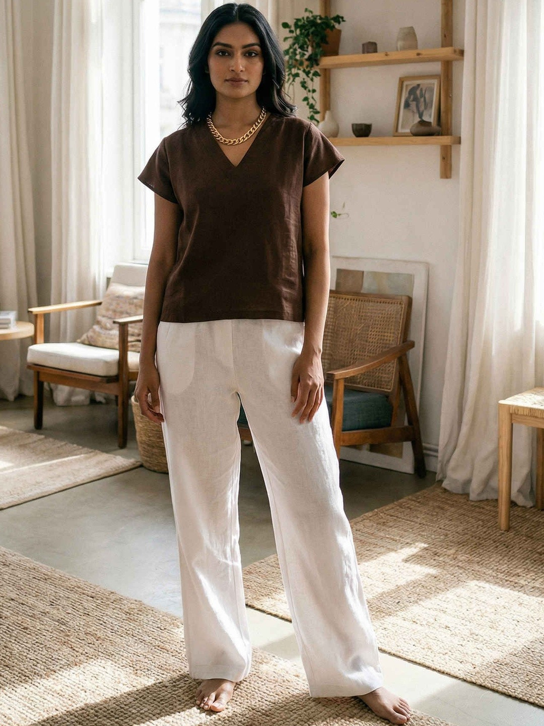 dhaaga Women Pure Linen Solid Top