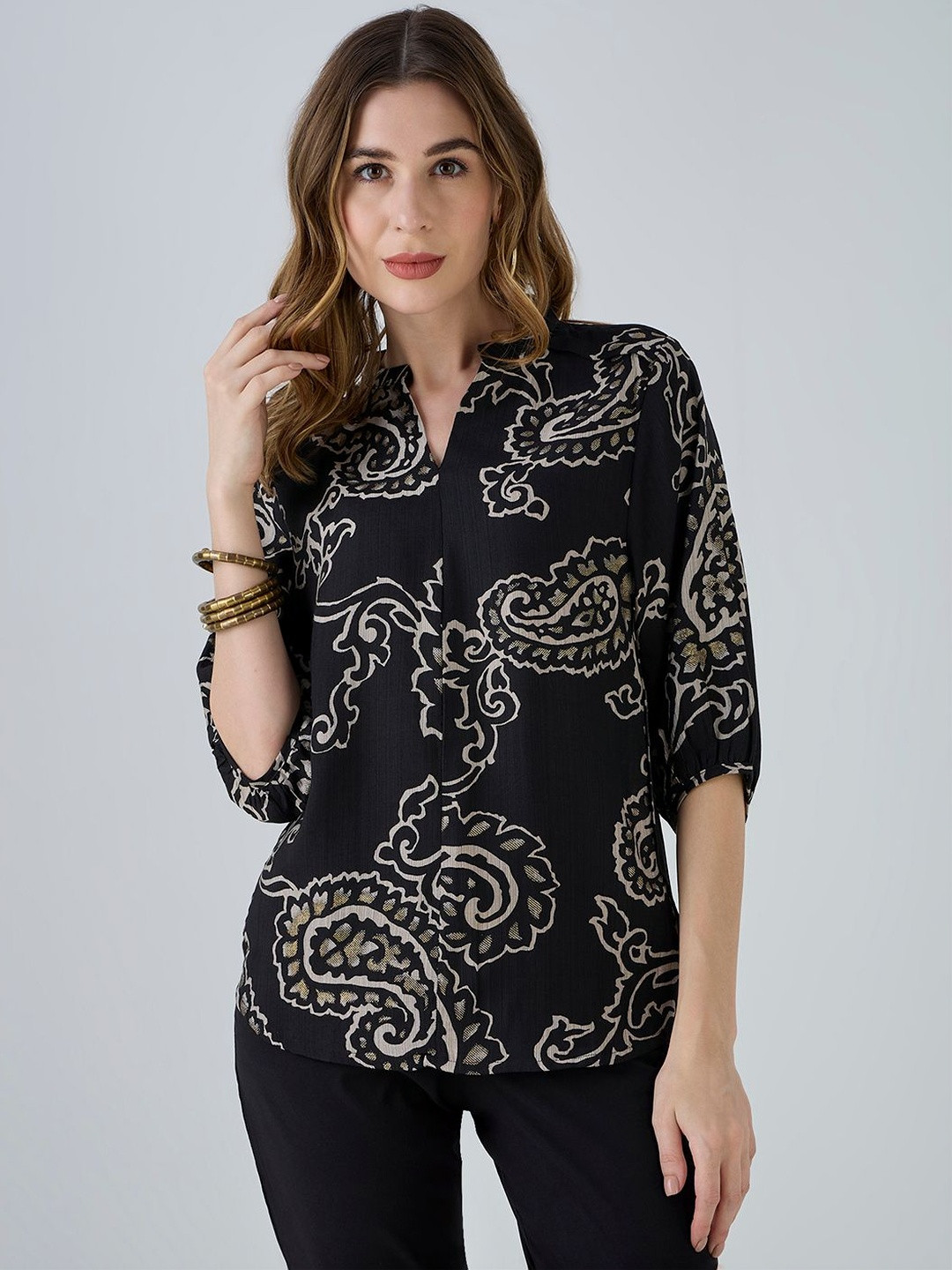 HERE&NOW Print Mandarin Collar Ethnic Top