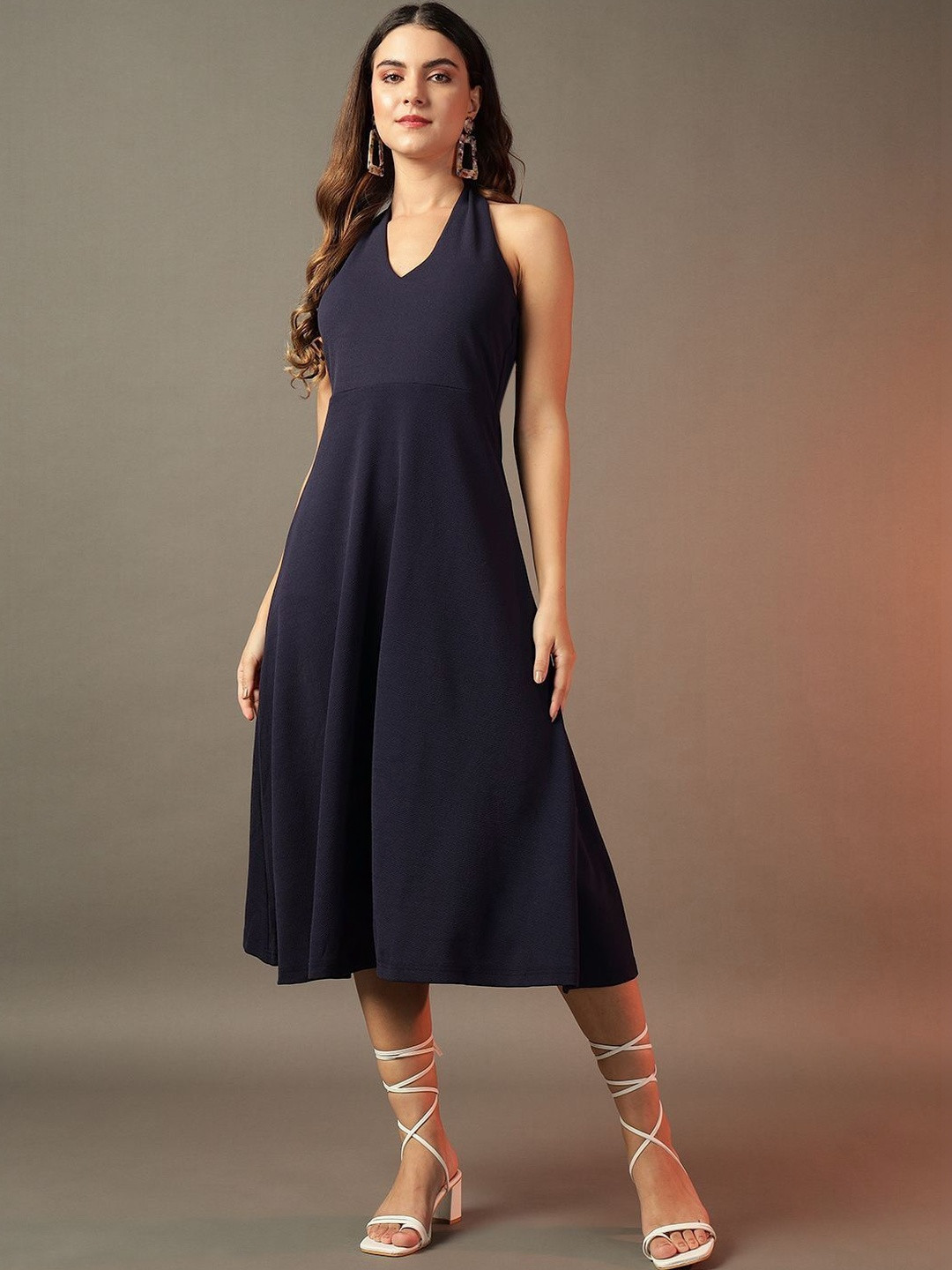KASHIANXSTYLE Halter Neck Fit & Flare Midi Dress