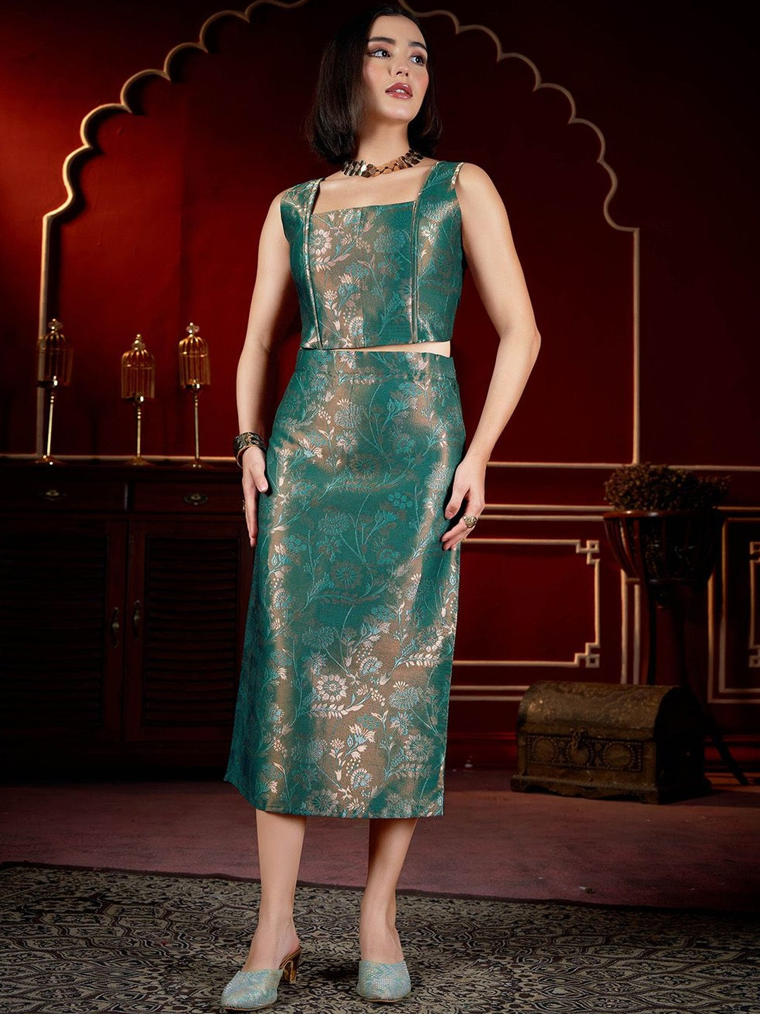 PURVAJA Printed Square Neck Top & Skirt Co-Ords
