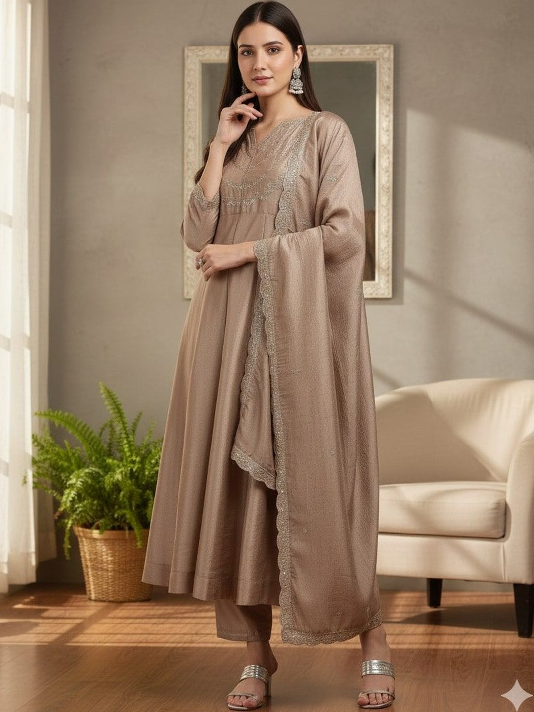 Omicron Fab Women Ethnic Motifs Embroidered Panelled Thread Work Kurta with Trousers & With Dupatta
