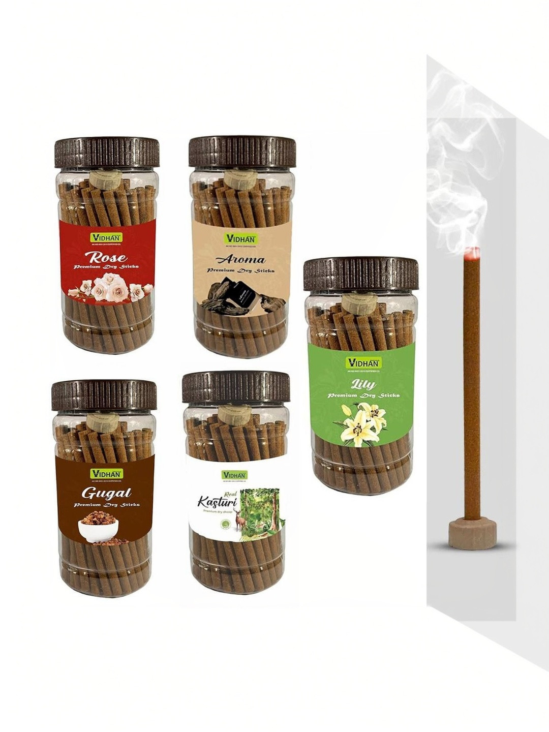 vidhan Brown Wooden Lilly Aroma Guggul Rose Kasturi 5Pc Dhoop Sticks - 100 g Each