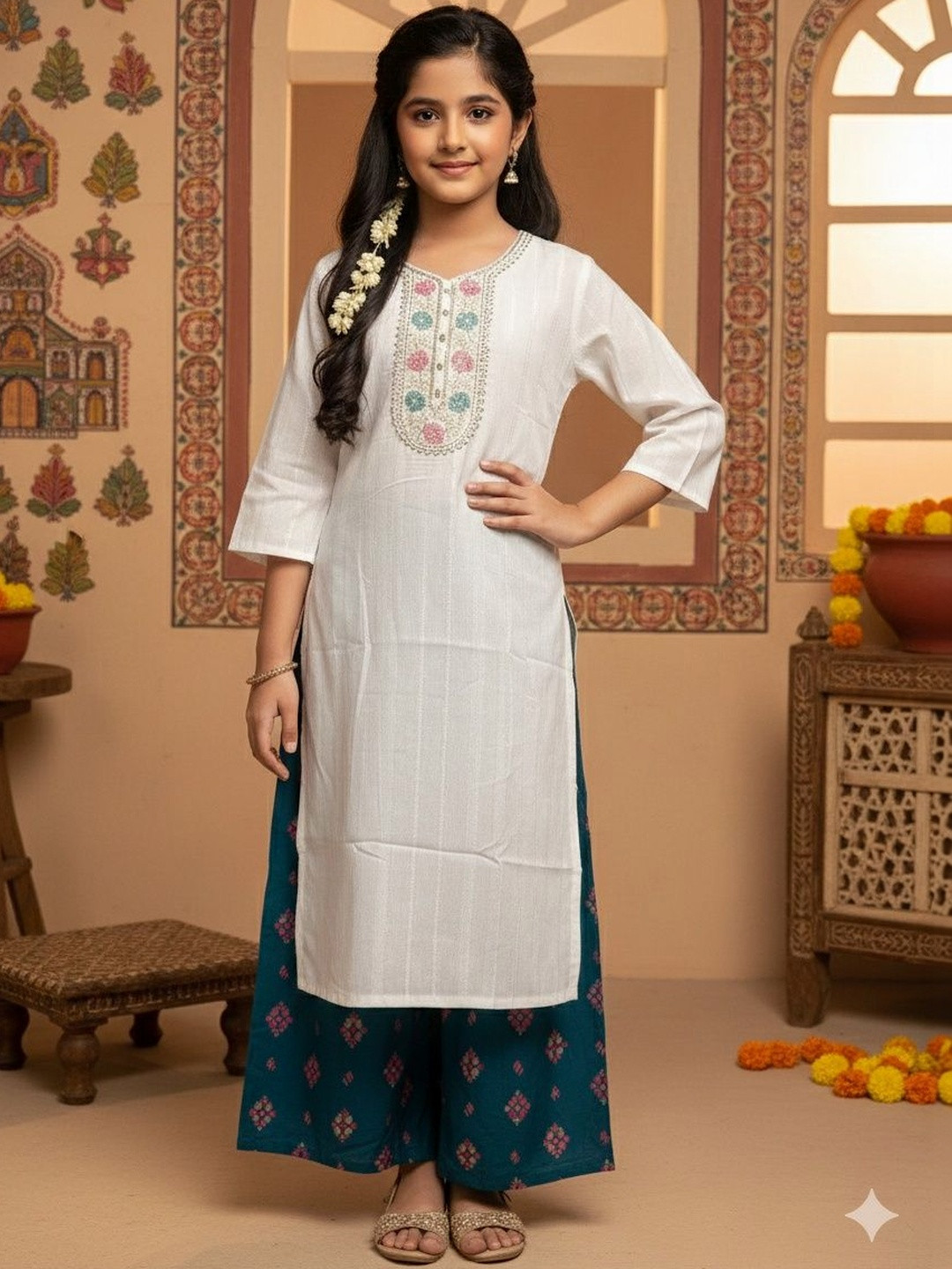 Sangria Girls Floral Embroidered Thread Work Kurta