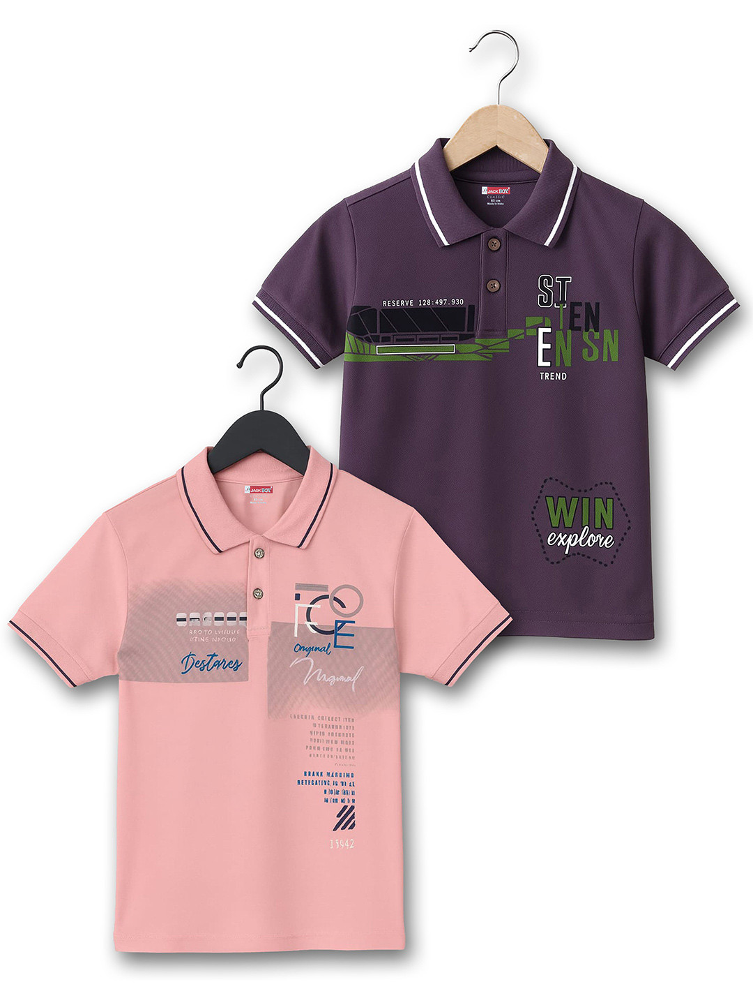 JACKBOY Boys Pack of 2 Printed Polyester Polo Collar Tshirts