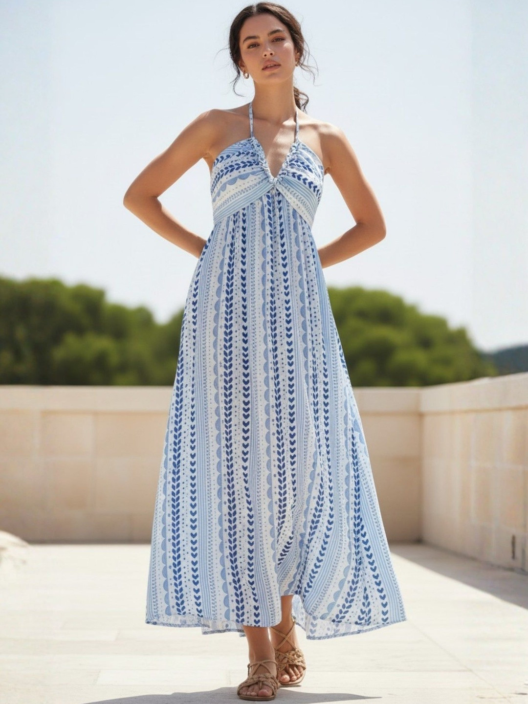 Bohemian Ethnic Motif Halter Neck Maxi Dress