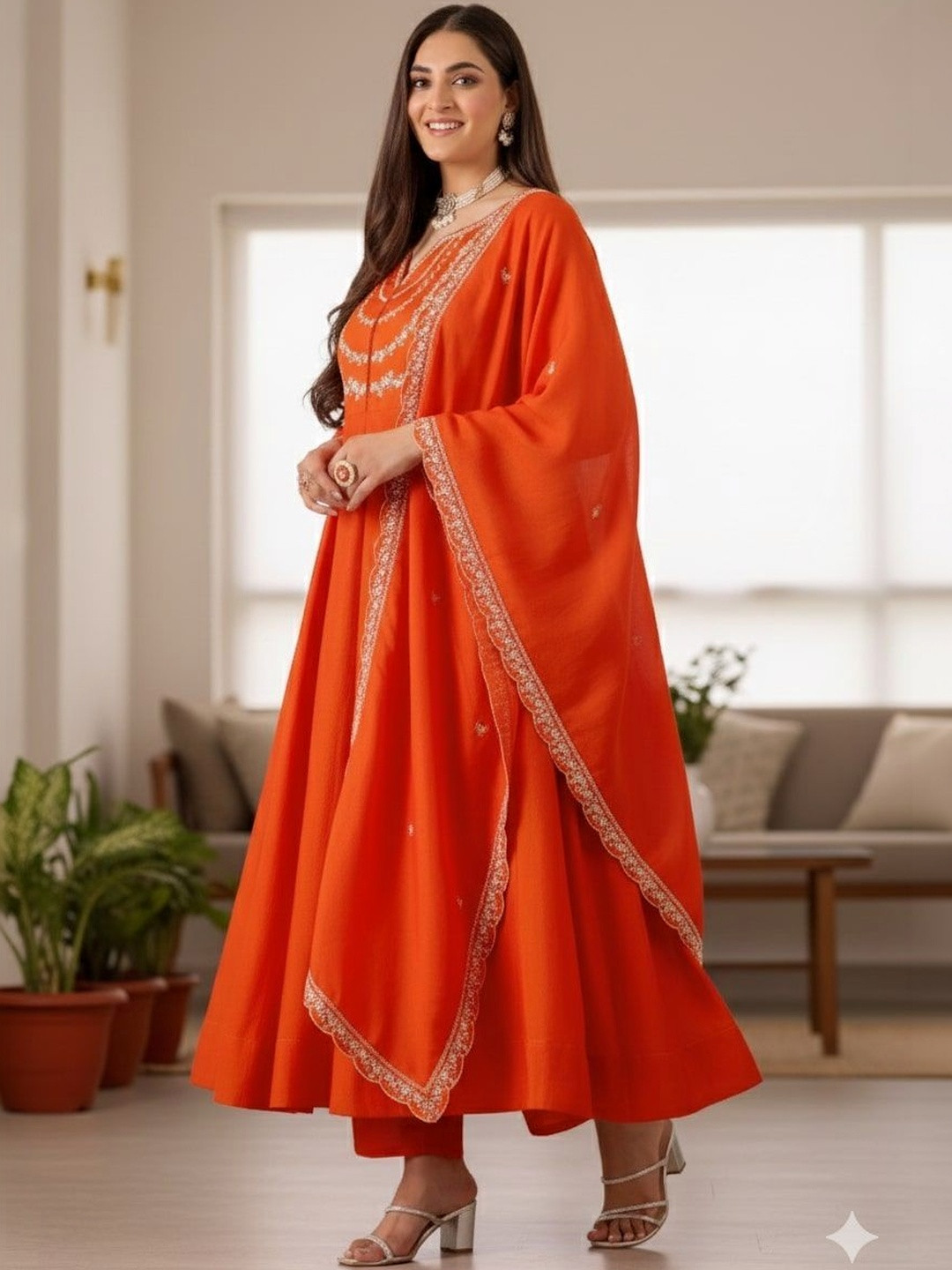 Omicron Fab Women Ethnic Motifs Embroidered Panelled Thread Work Kurta with Trousers & With Dupatta