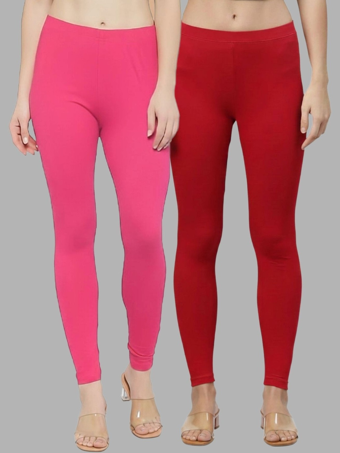 ZAYANQA Pack of 2 Pink & Red Slim Fit Mid-rise Stretchable Cotton Ankle Length Leggings