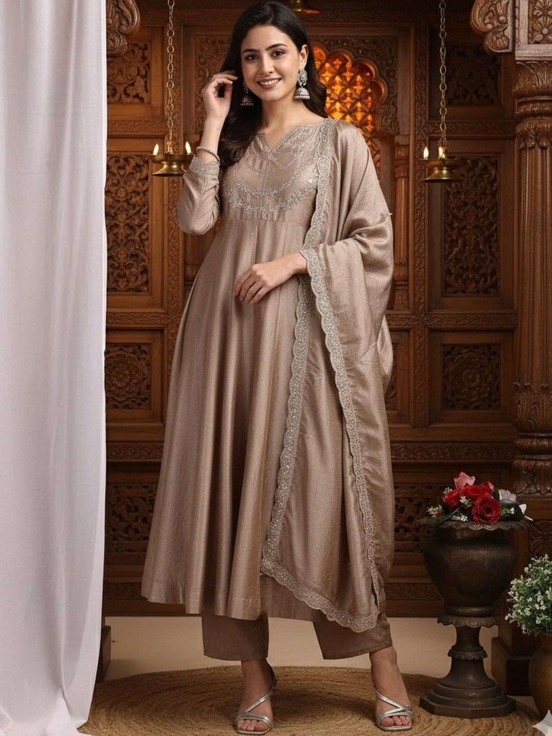 Omicron Fab Women Ethnic Motifs Embroidered Panelled Thread Work Kurta with Trousers & With Dupatta