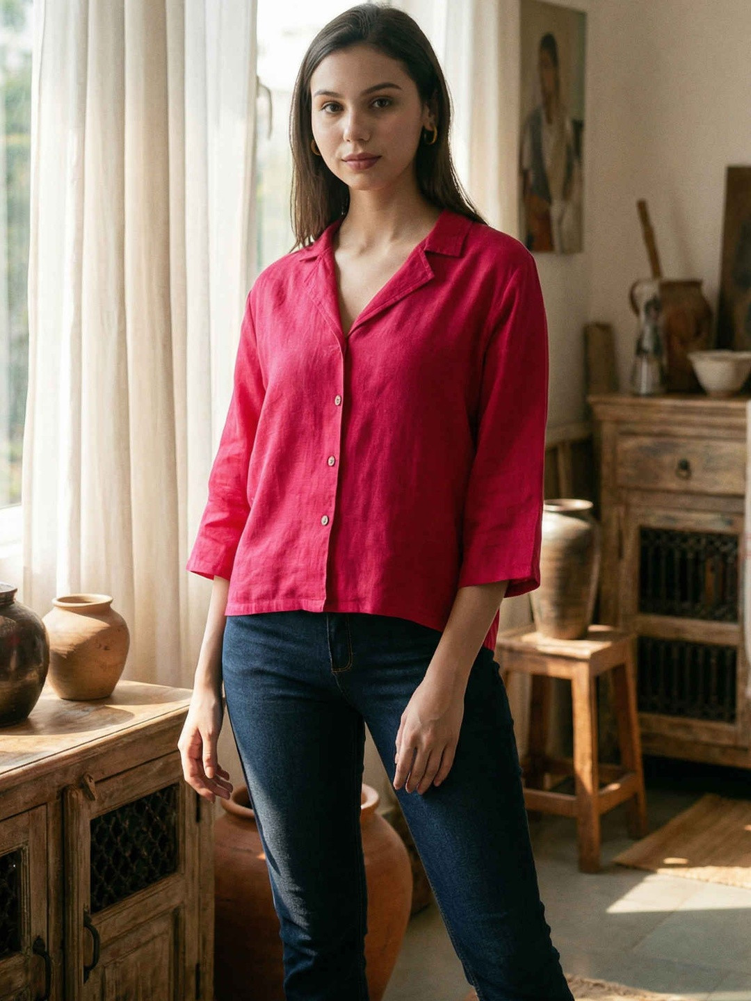 dhaaga Women Pure Linen Solid Top