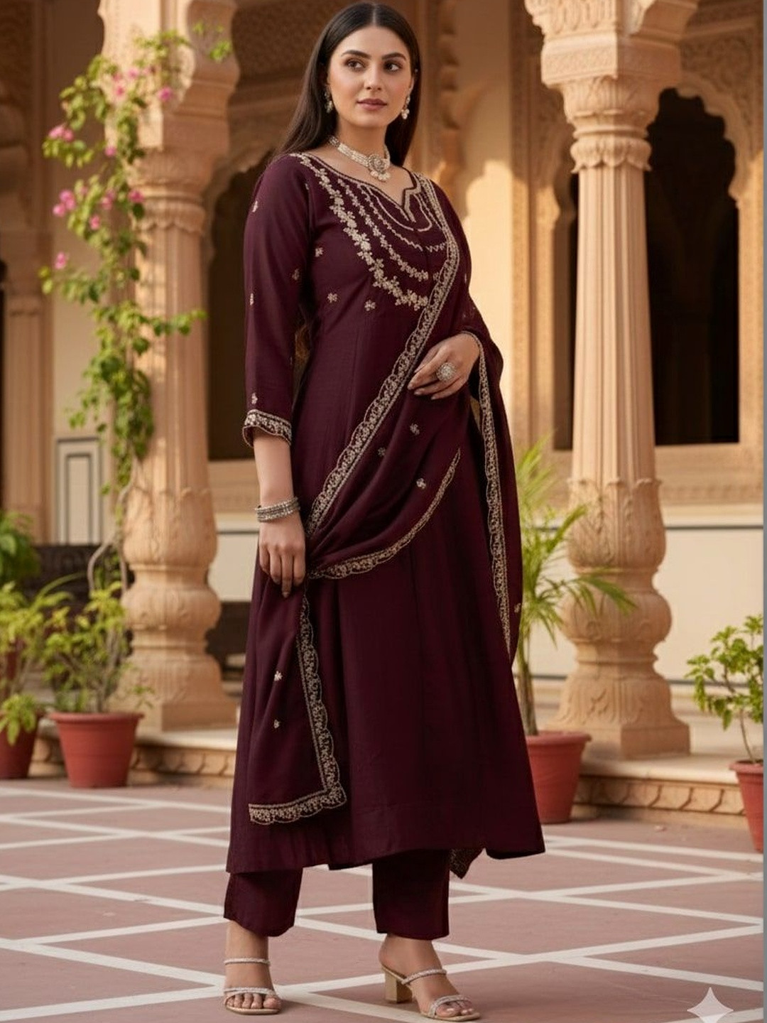 Omicron Fab Women Ethnic Motifs Embroidered Regular Thread Work Kurta with Trousers & With Dupatta