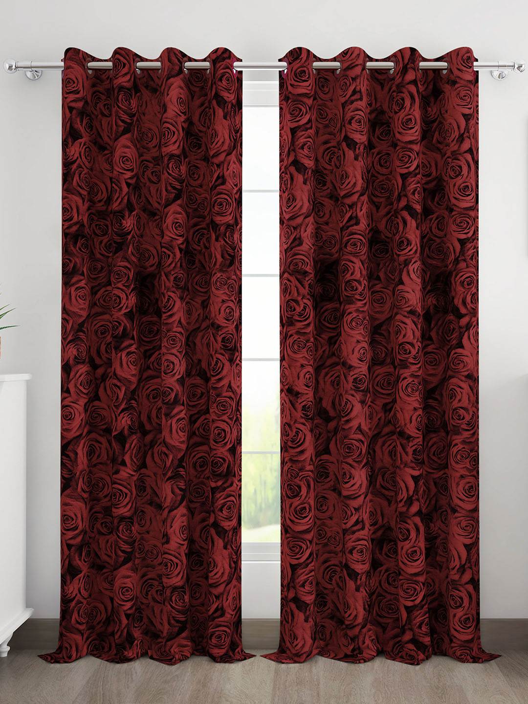 Story@home Red & Black 2 Pieces Floral Printed Door Curtains