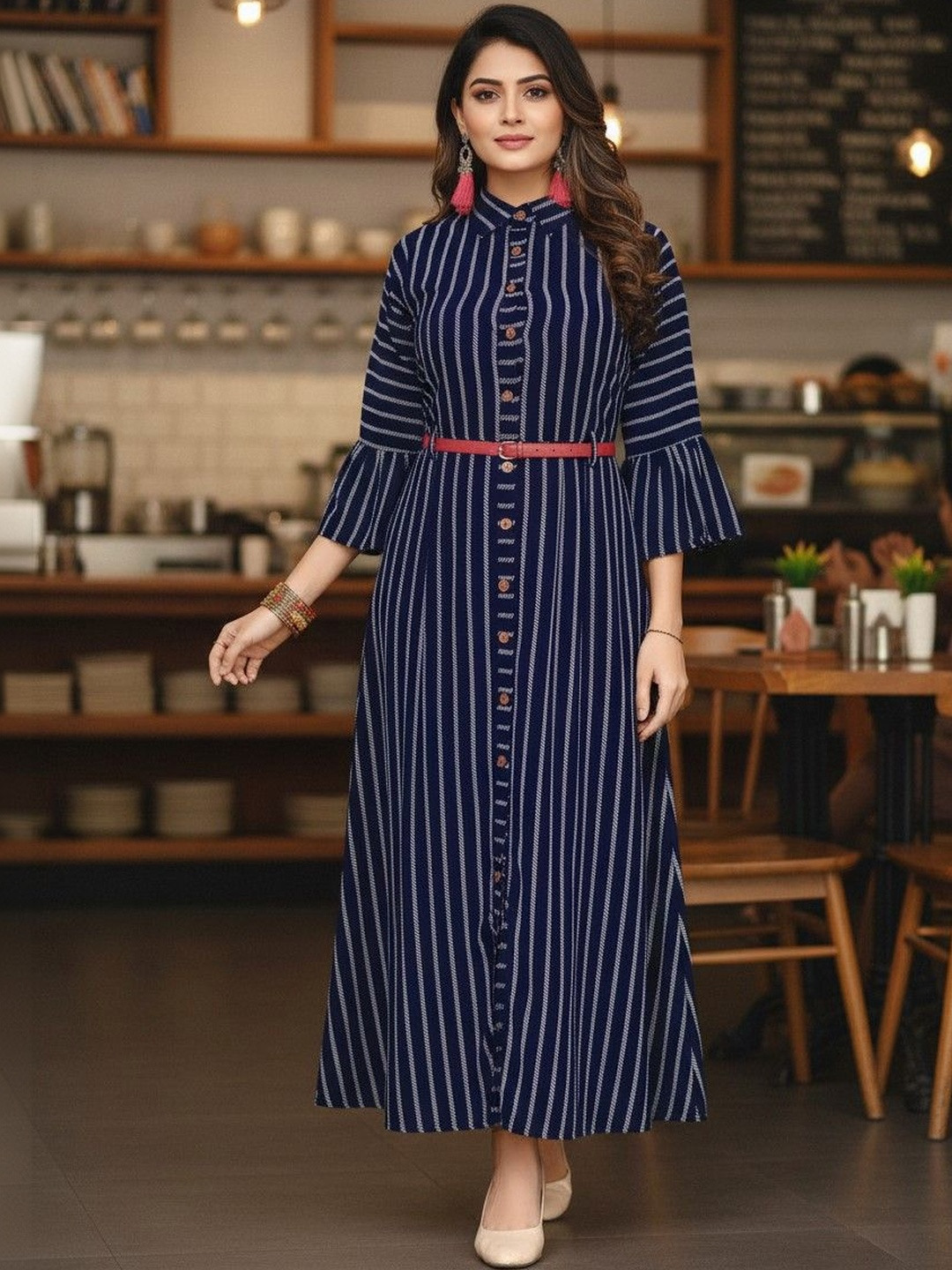 IndoBella Striped Flared Sleeve Crepe A-Line Maxi Dress