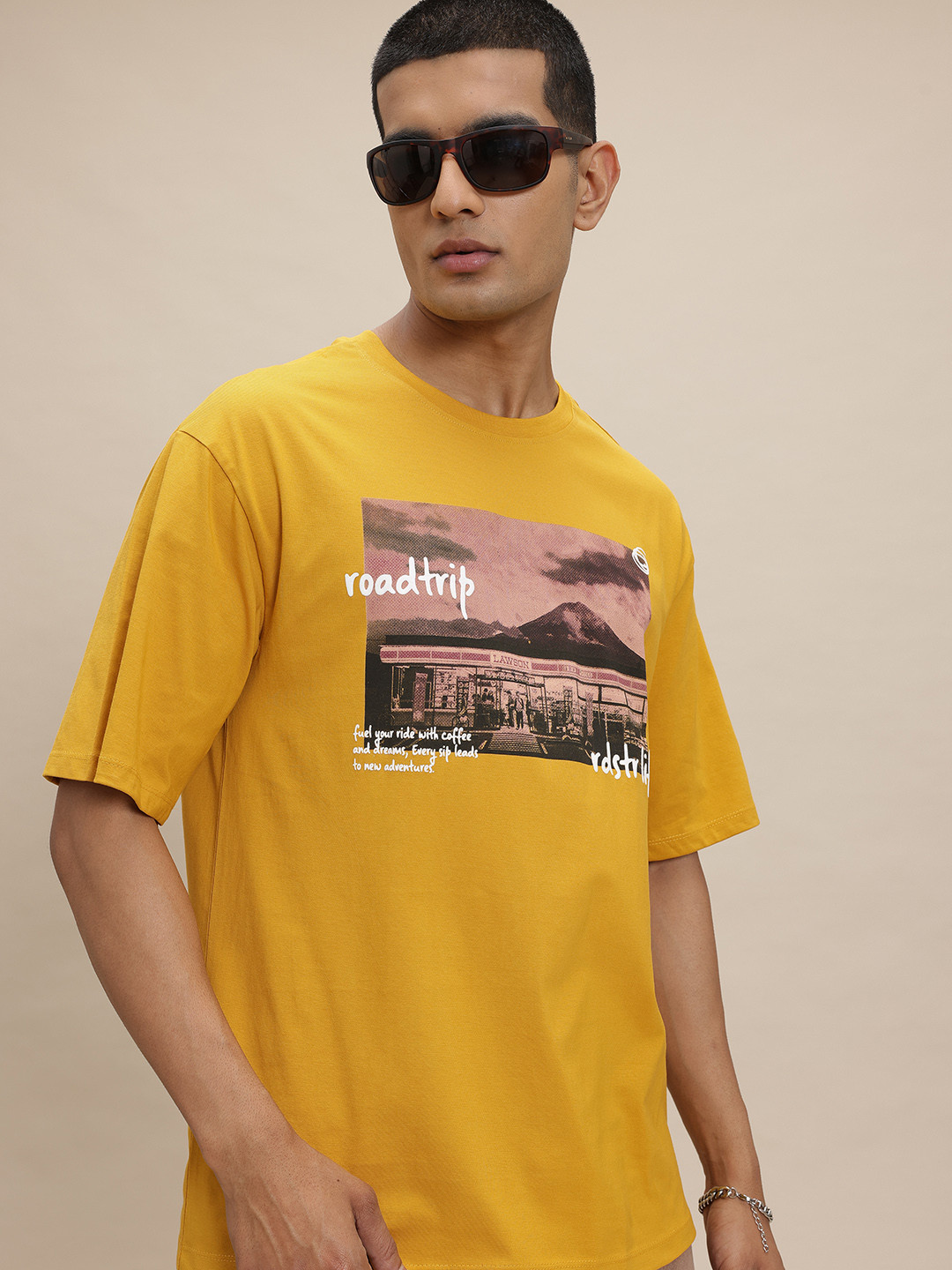The Roadster Life Co. Graphic Printed Drop-Shoulder Sleeves Pure Cotton T-shirt