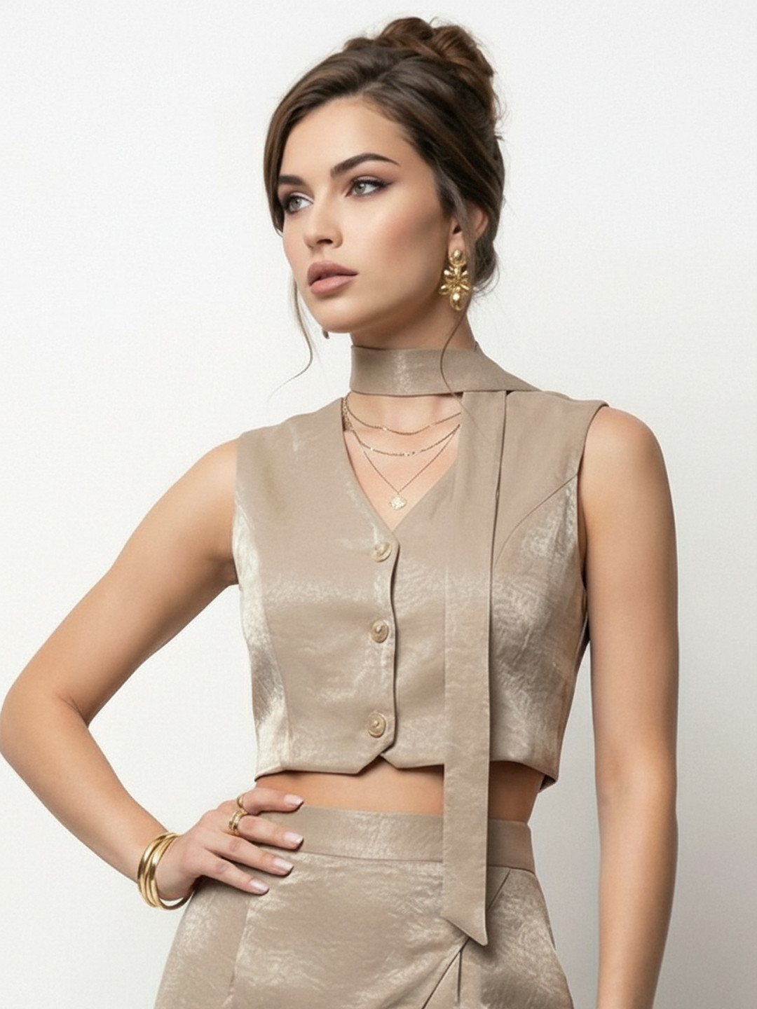 Bronze Shimmer Crop Vest Top with Scarf