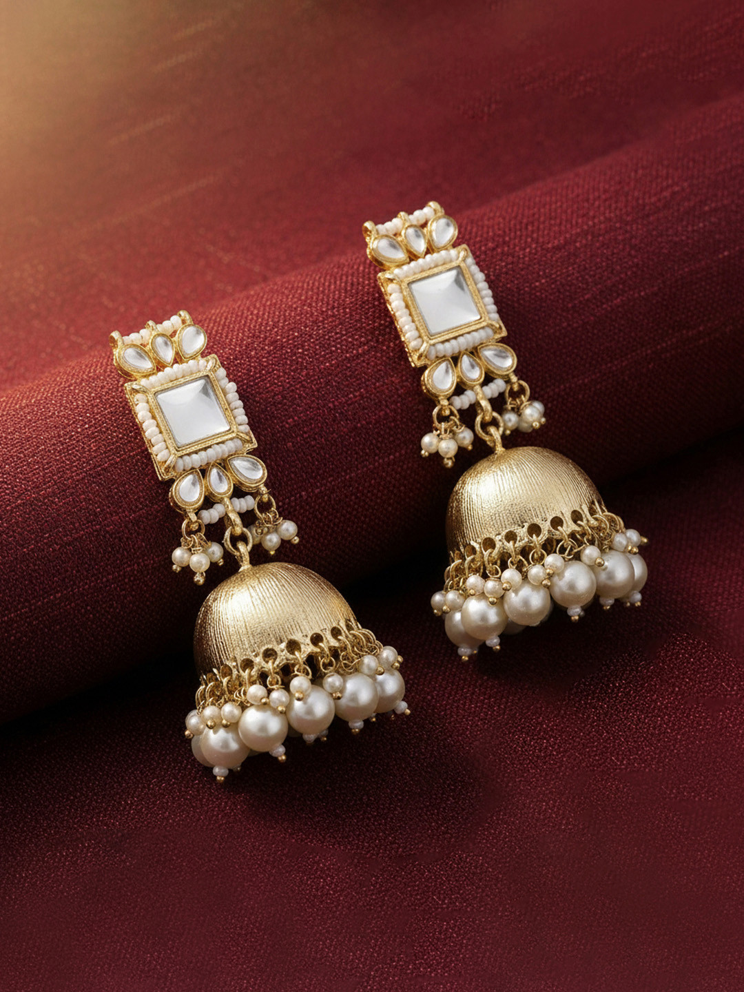Peora Gold Plated Kundan Studded Dome Shaped Jhumkas Earrings