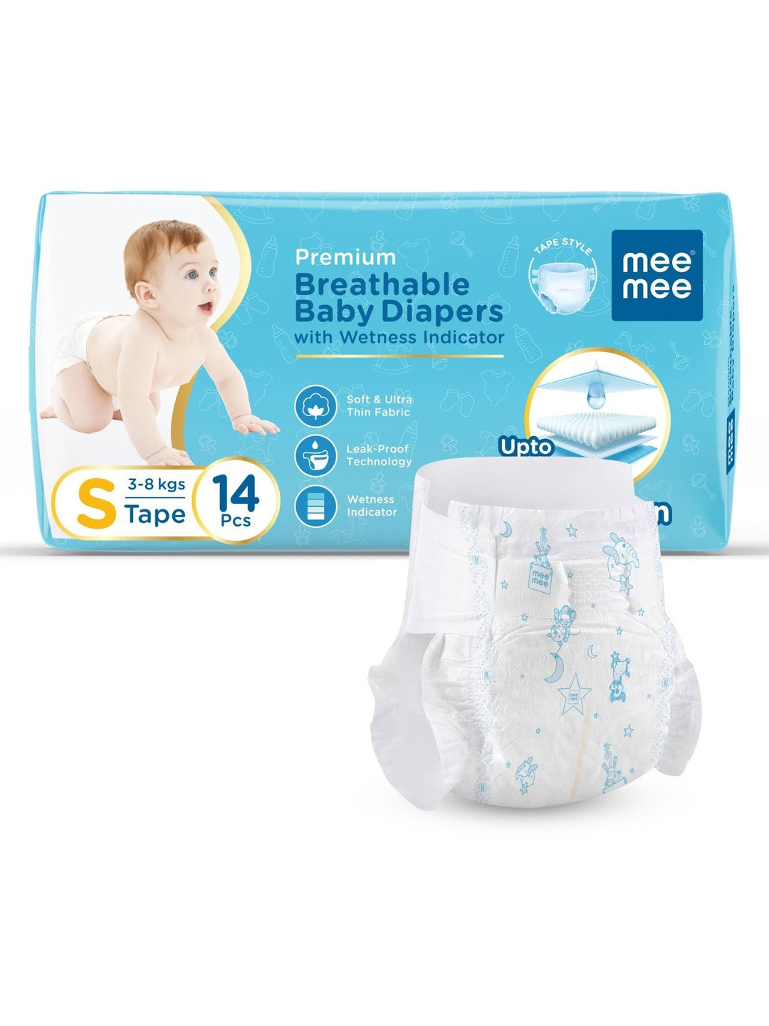 MeeMee Premium Breathable Baby Diapers- S- 14 Diapers