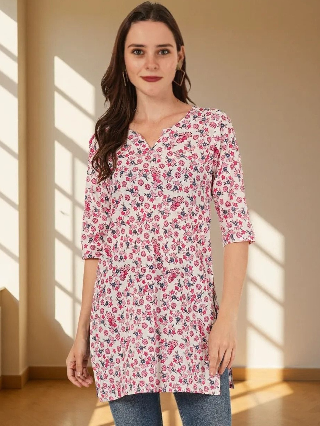 Hyba Floral Printed V-Neck Pure Cotton Kurti