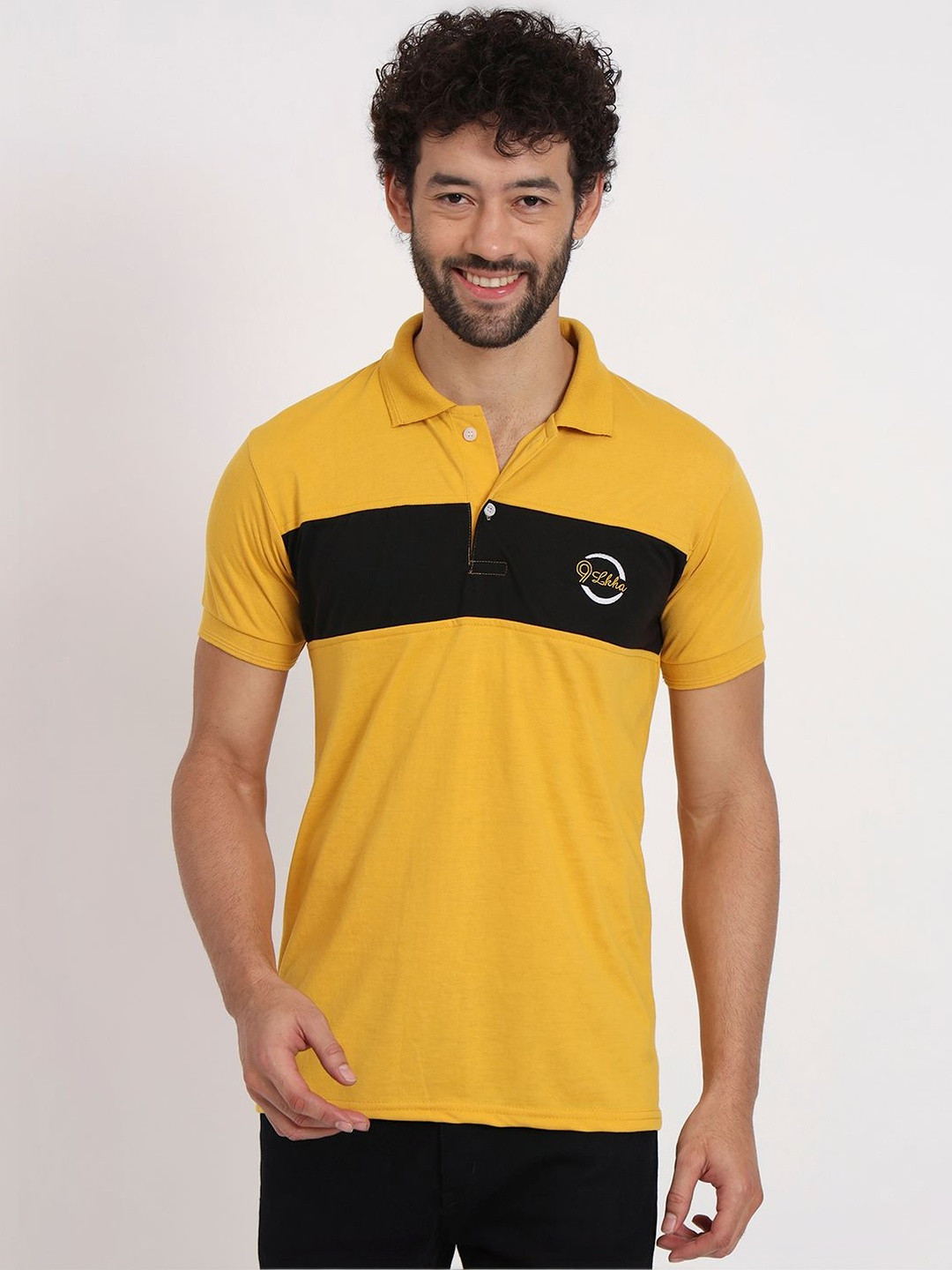 9LKHA Men Yellow Colourblocked Polo Collar T-shirt