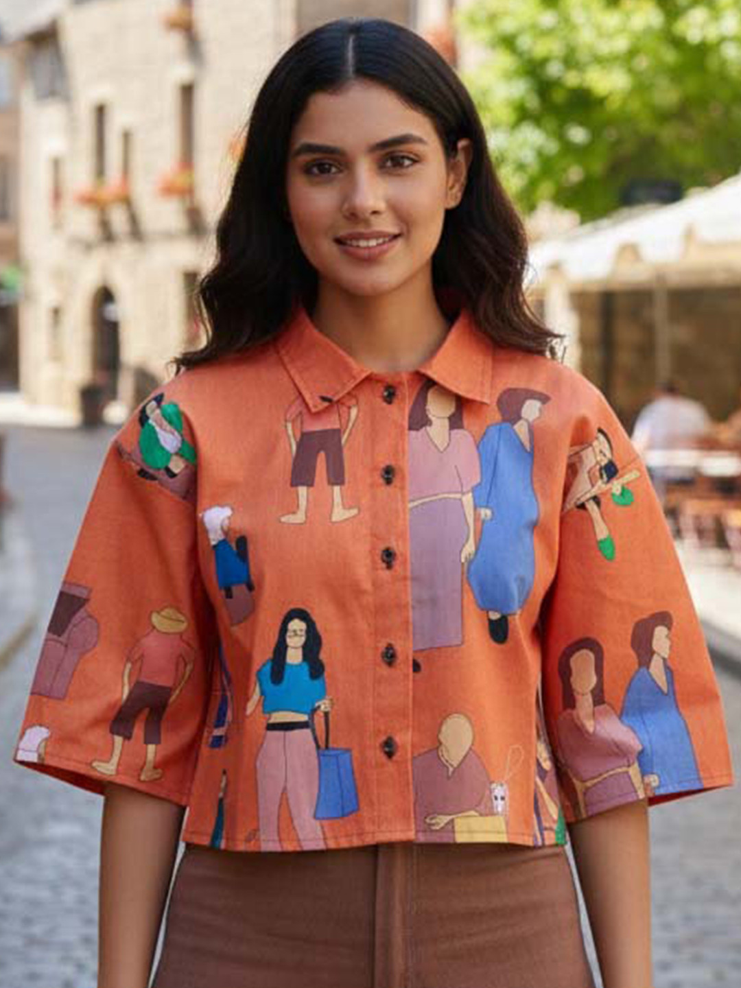 LERIYA FASHION Print Crepe Shirt Style Crop Top