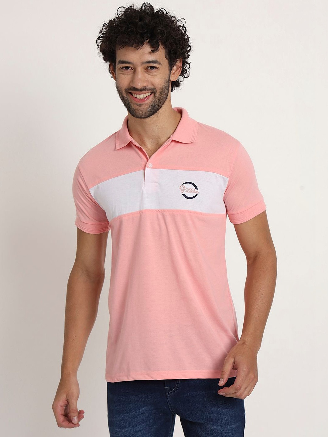 9LKHA Men Peach Colourblocked Polo Collar T-shirt
