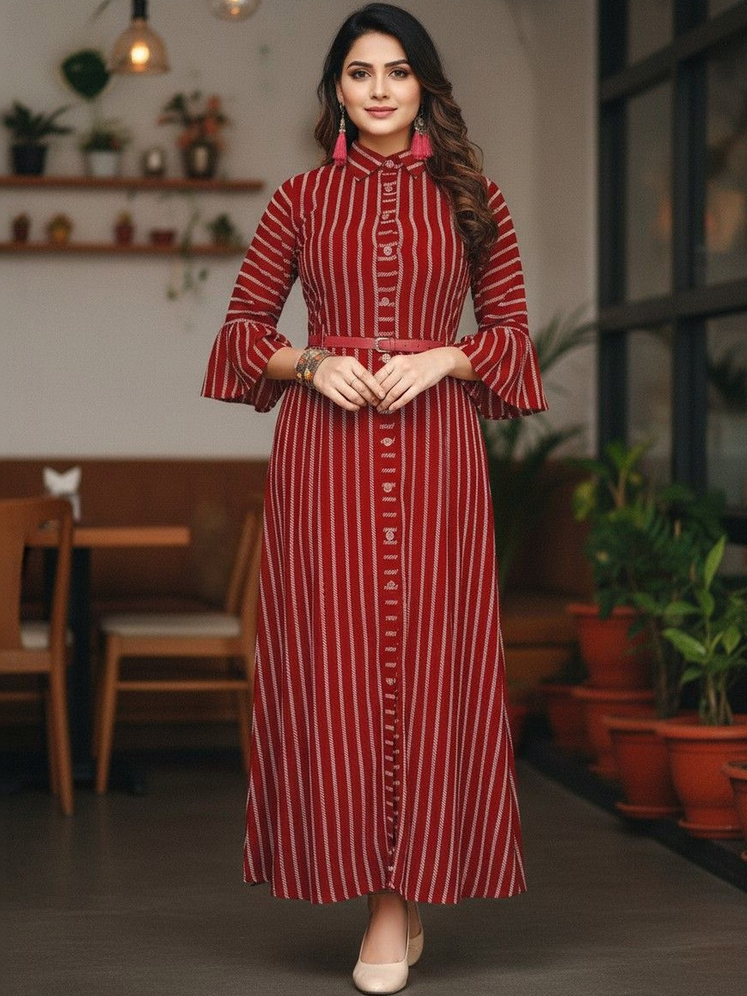 IndoBella Striped Flared Sleeve Crepe A-Line Midi Dress