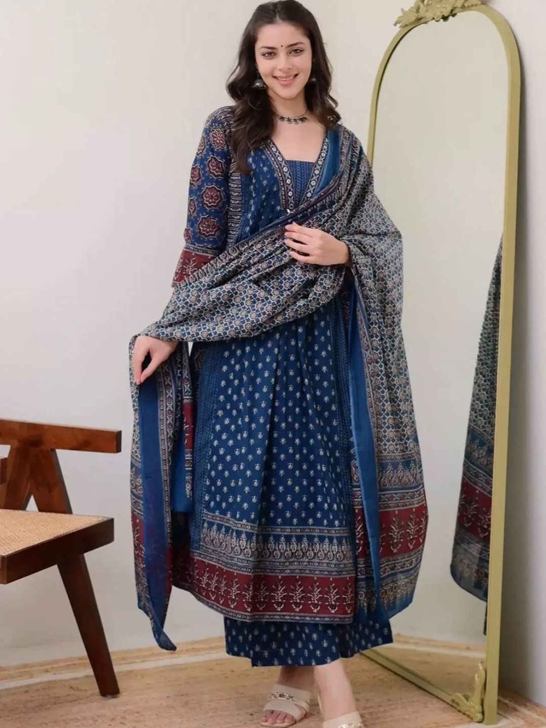 PinkLabel Women Ethnic Motifs Printed Panelled Kurta with Palazzos & With Dupatta
