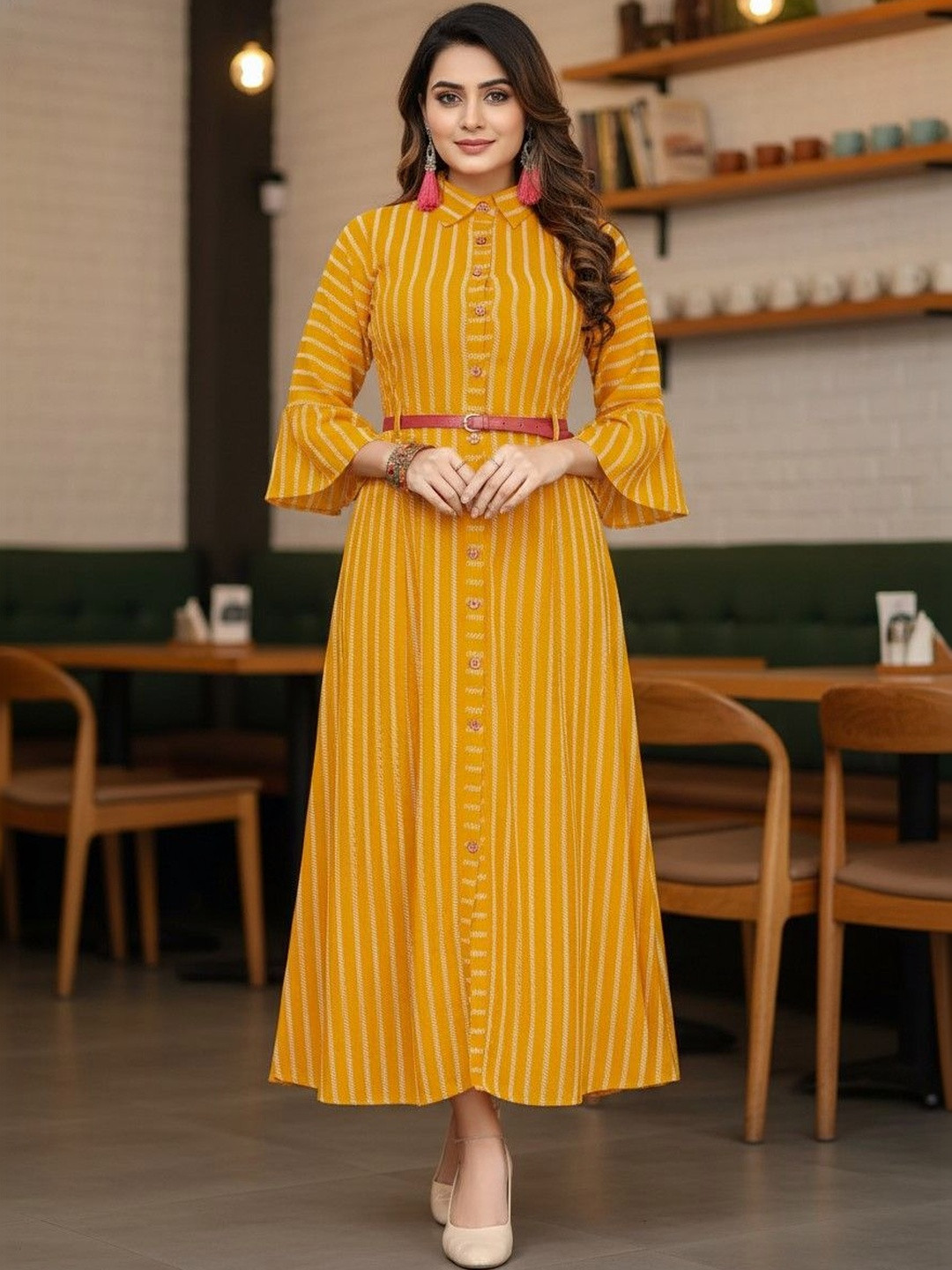 IndoBella Striped Flared Sleeve Crepe A-Line Midi Dress