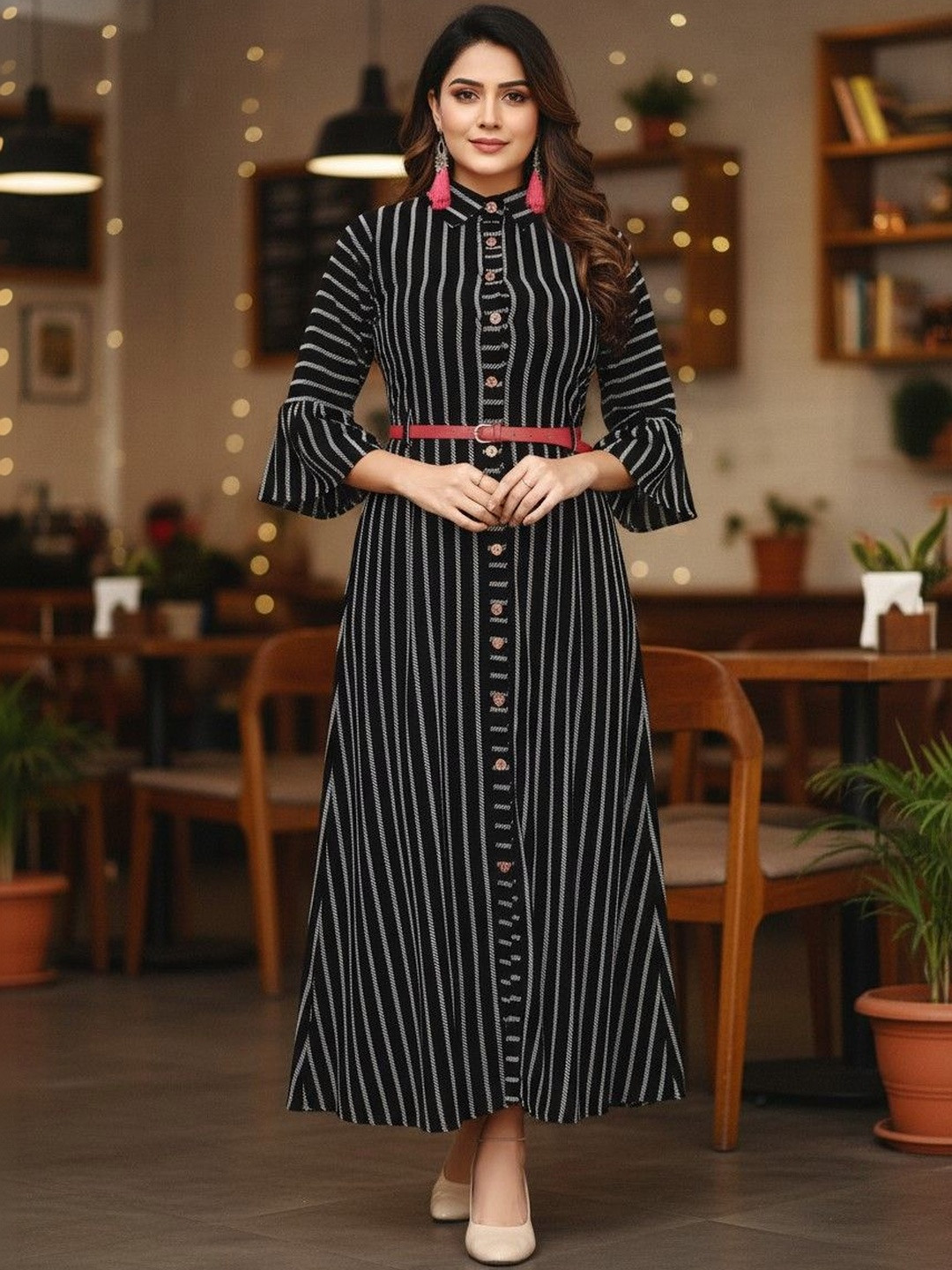 IndoBella Striped Flared Sleeve Crepe Fit & Flare Midi Dress