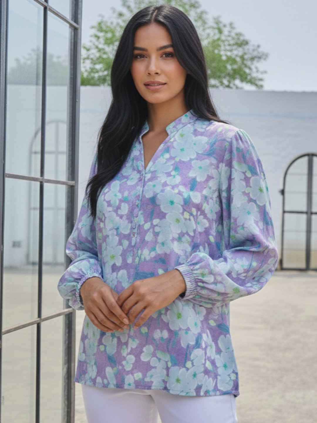 LERIYA FASHION Women Floral Printed Gathered V-Neck Long Sleeve Top