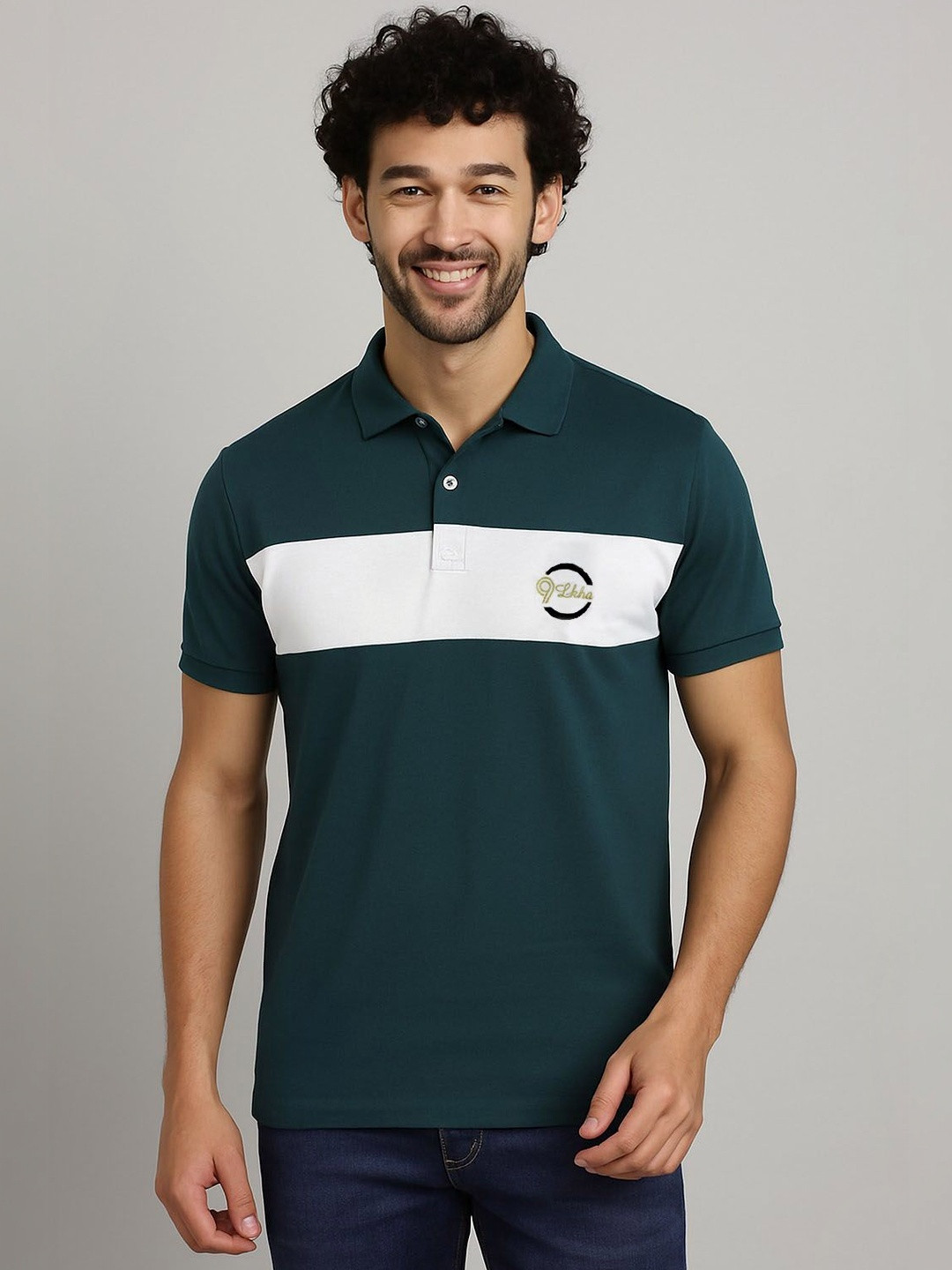 9LKHA Men Colourblocked Polo Collar T-shirt