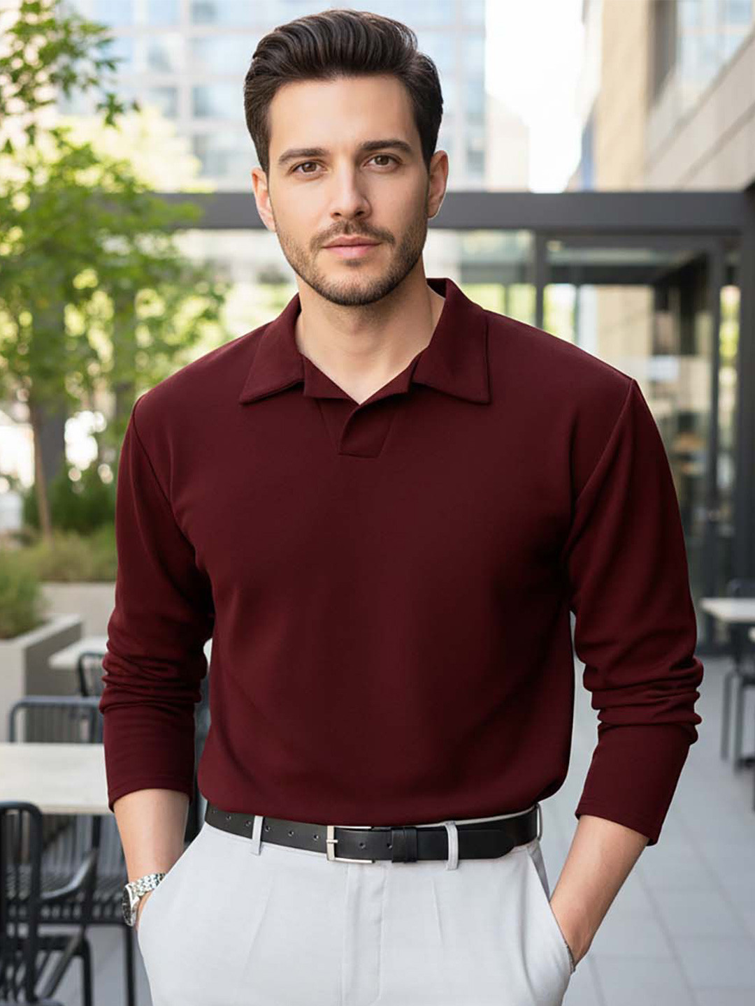 SZN Men Solid Polo Collar Long Sleeves T-shirt