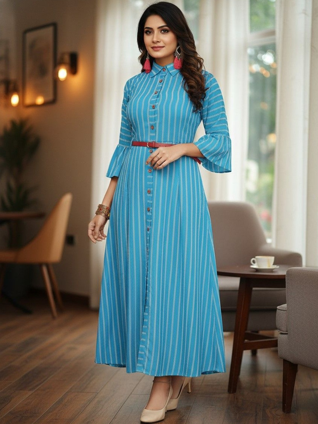 IndoBella Striped Flared Sleeve Crepe A-Line Maxi Dress