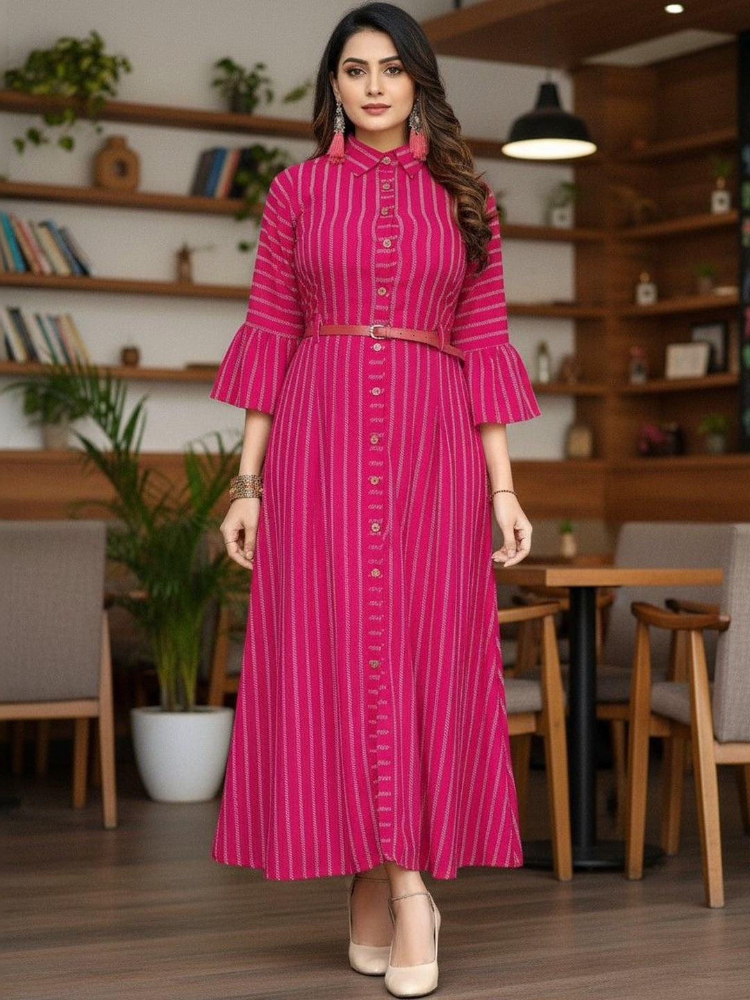 IndoBella Striped Flared Sleeve Crepe Shirt Midi Dress