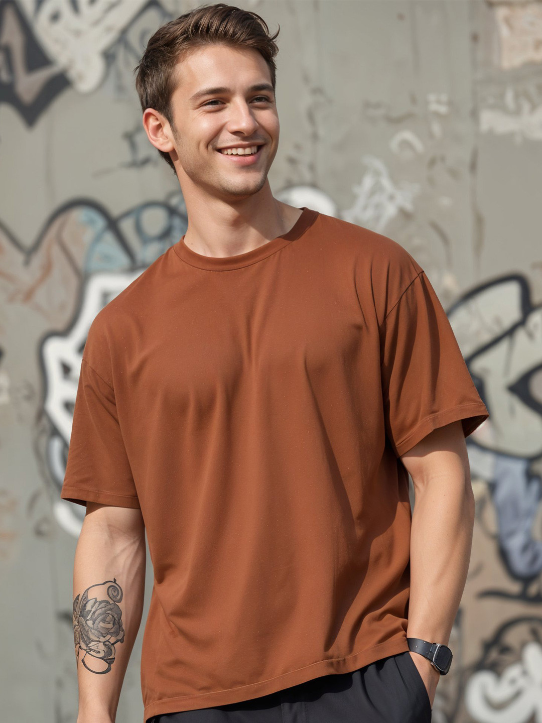SMARTEES Men Solid Round Neck Cotton Oversized T-shirt