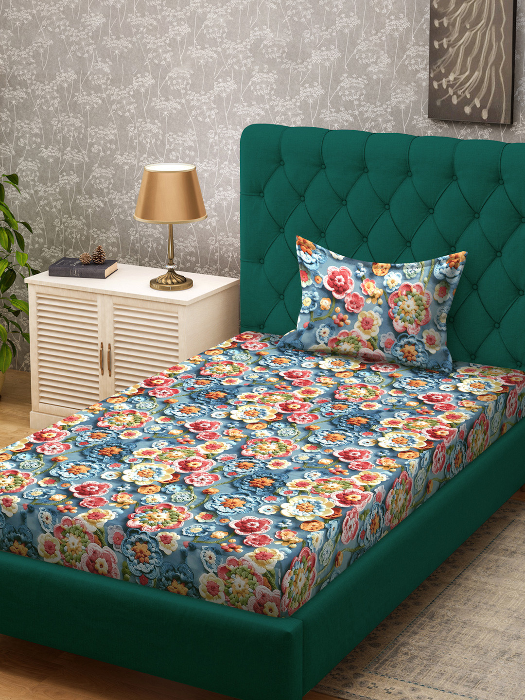 KLOTTHE Blue & Red Floral Printed 300 TC Single 7D Bedsheet With Pillow Cover- 2.25mx1.5m