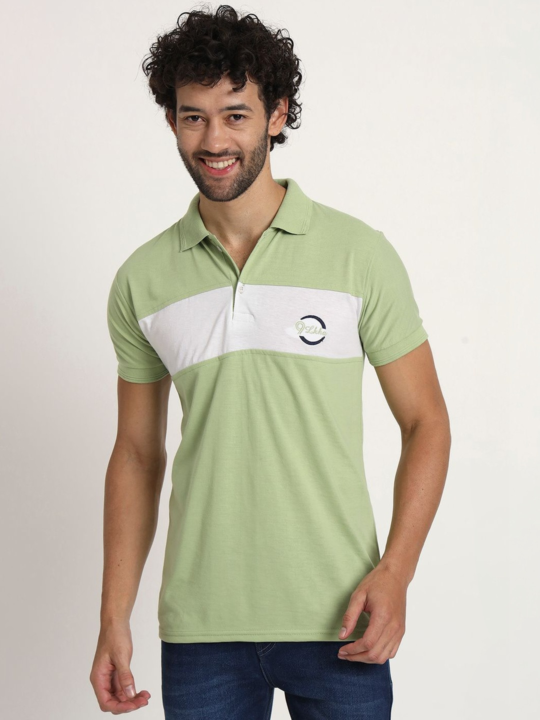 9LKHA Men Colourblocked Polo Collar T-shirt