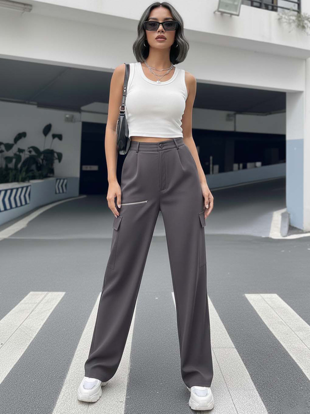 SZN Women High-Rise Easy Wash Pleated Cargos Trousers