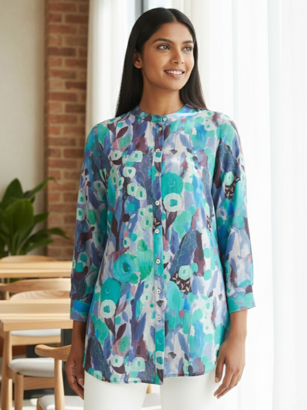 LERIYA FASHION Women Floral Print Mandarin Collar Top