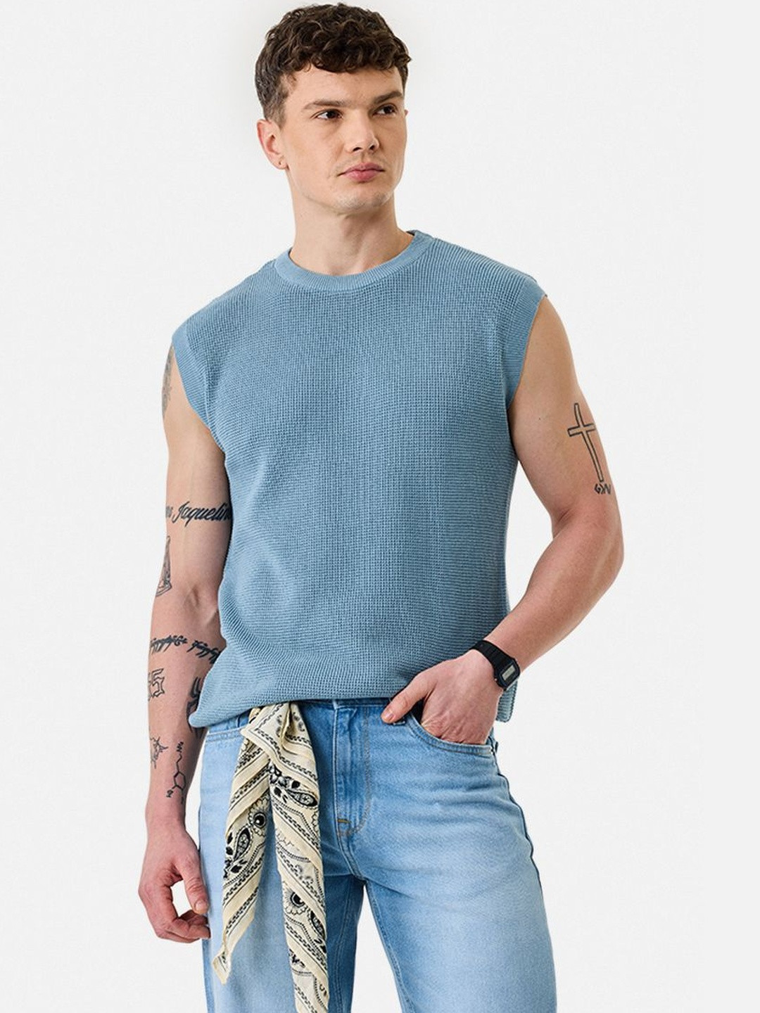 Snitch Self Design Cotton Round Neck Sleeveless T-shirt