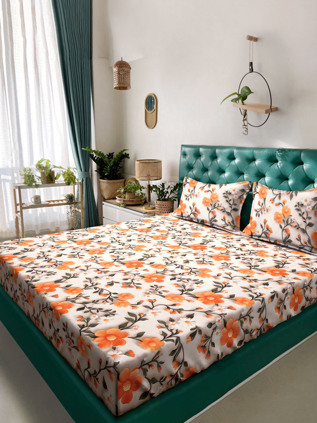 KLOTTHE Cream & Yellow Floral Printed Flat 300 TC King Double 7D Bedsheet & 2 Pillow Cover