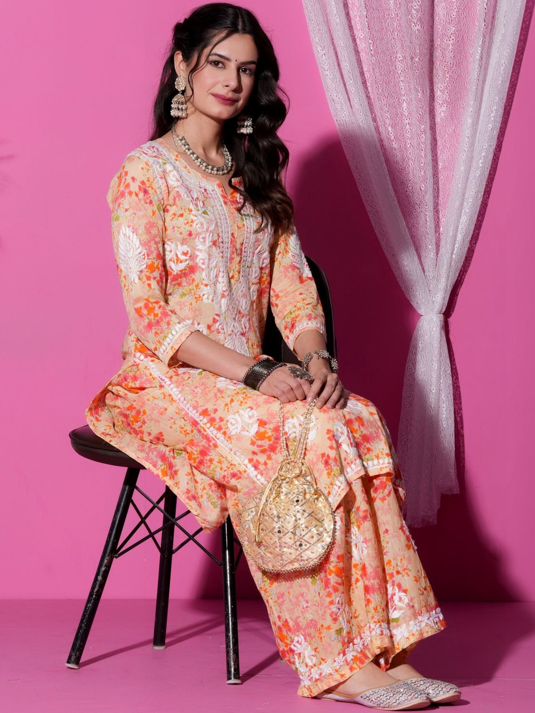 FashionChikan Art Women Floral Printed Regular Chikankari Kurta with Palazzos
