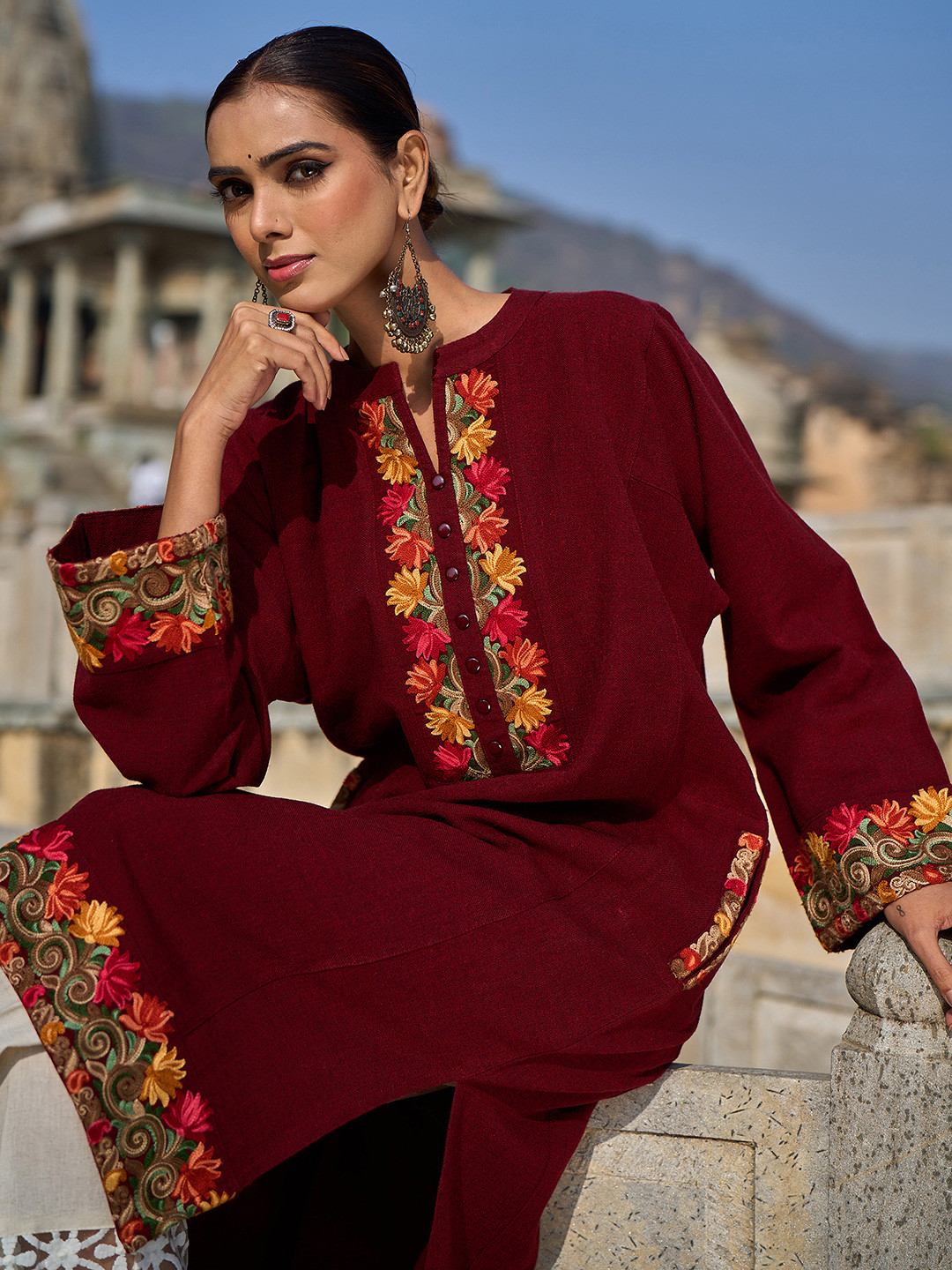 Libas Women Floral Embroidered Mirror Work Woollen Kurta