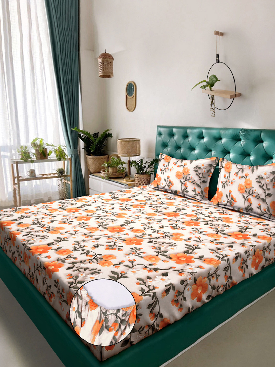 KLOTTHE Cream Floral Printed Fitted 300 TC King Double 7D Bedsheet & 2 Pillow Cover