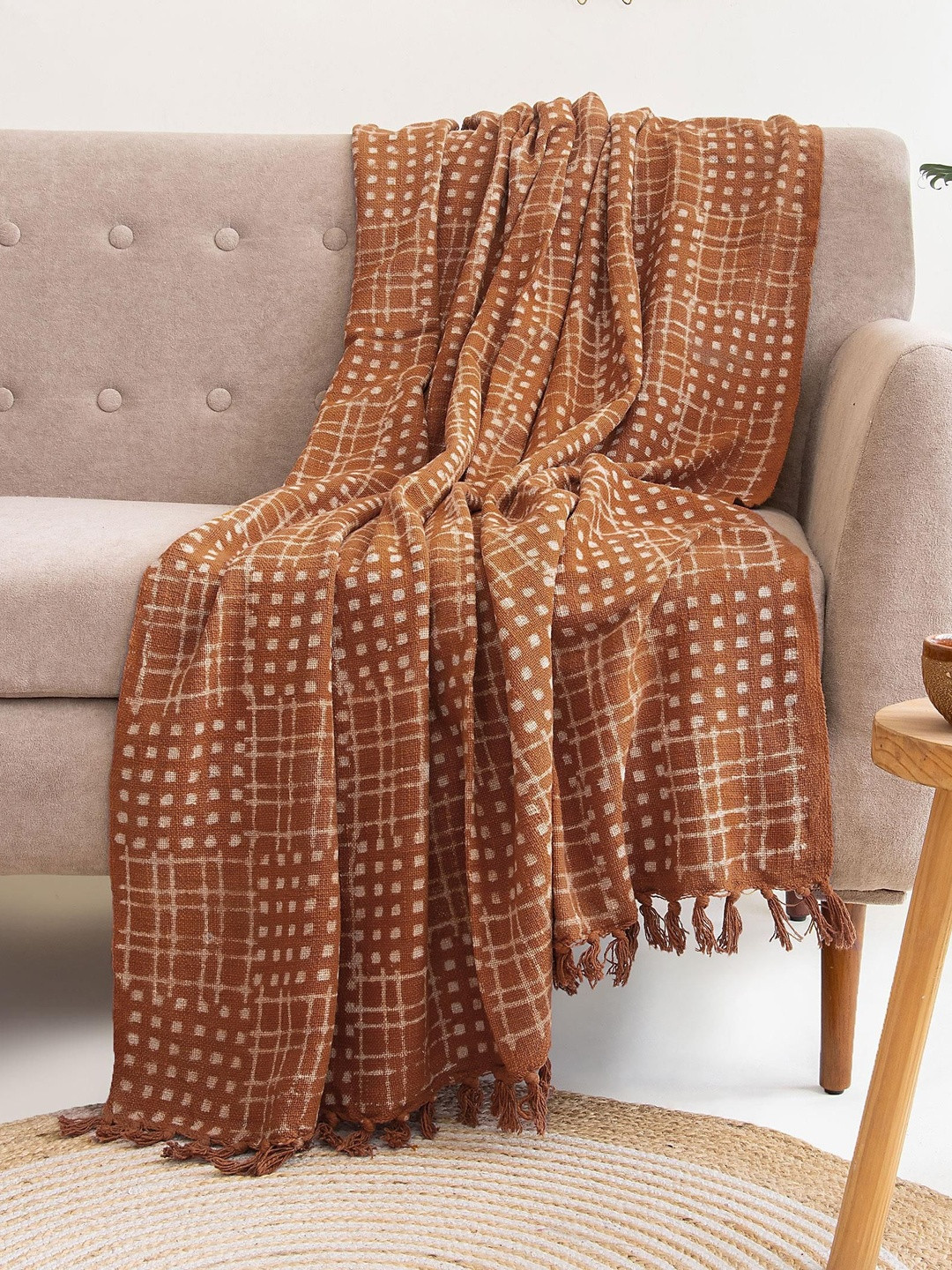 DMAASA Rust Brown Hand Block Printed Cotton 3-Seater Sofa Throw