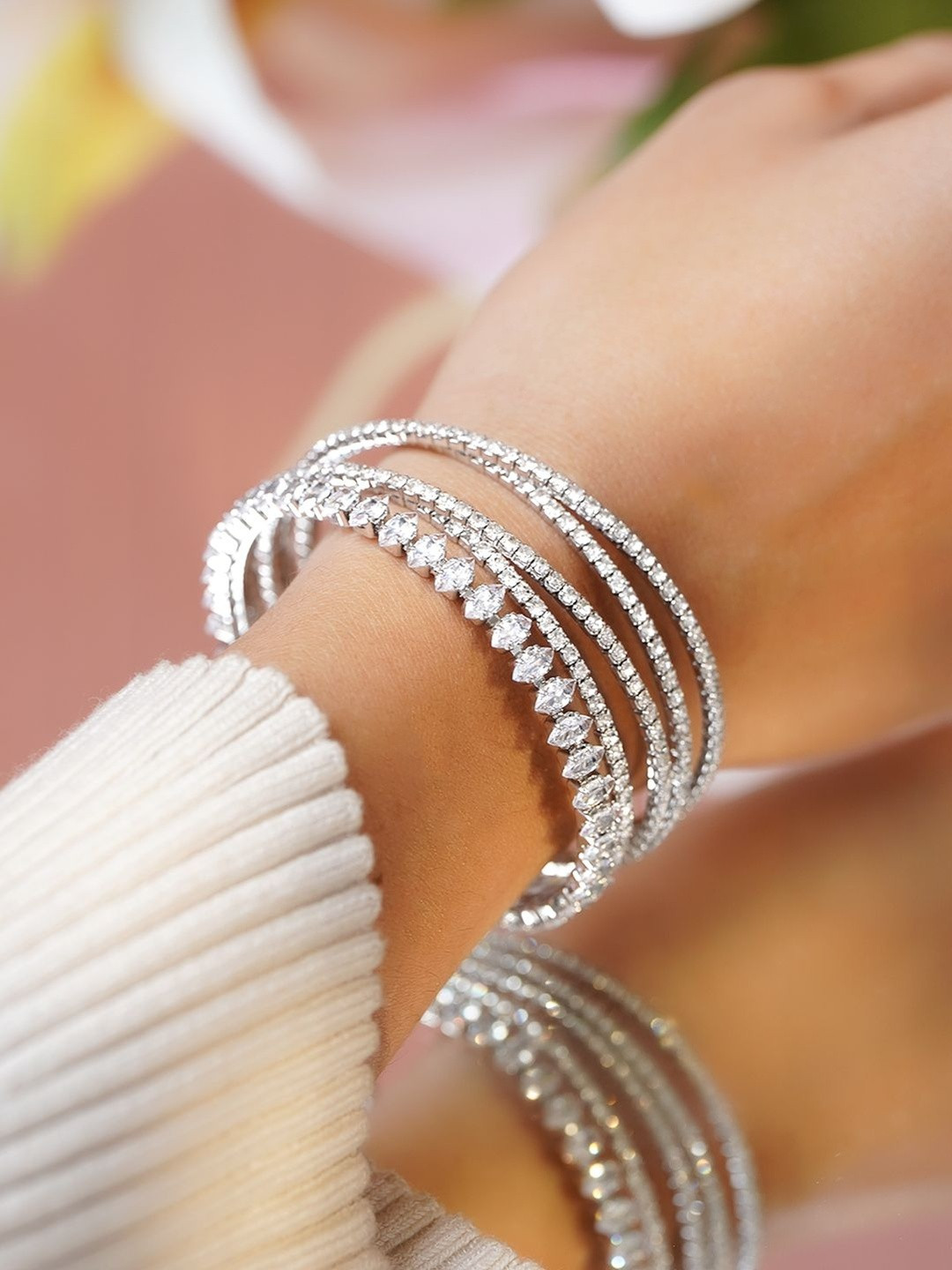 Rubans Rhodium-Plated Brass Marquise & Round Cubic Zirconia Multi-Layer Cuff Bracelet
