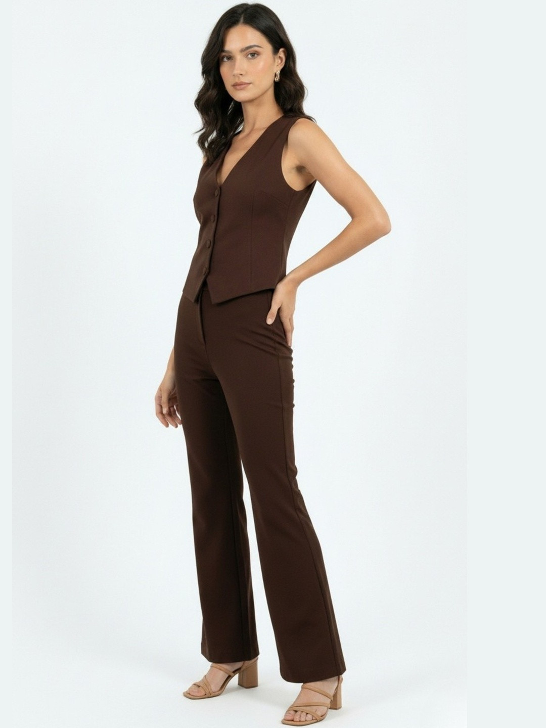 COLOR CAPITAL Women Tailored Flared High-Rise Trousers
