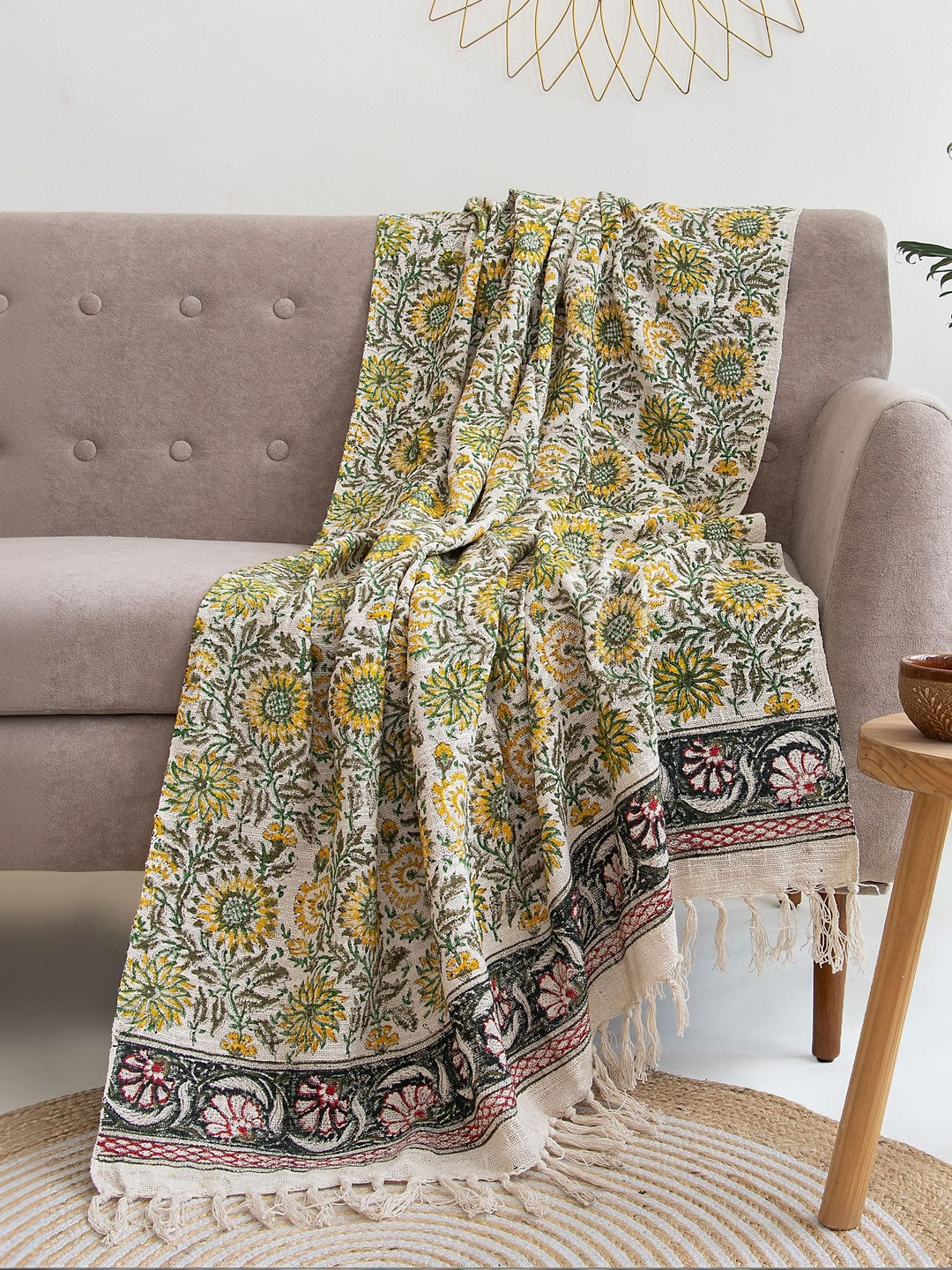 DMAASA Cream & Green Hand Block Printed Cotton 3-Seater Sofa Throw