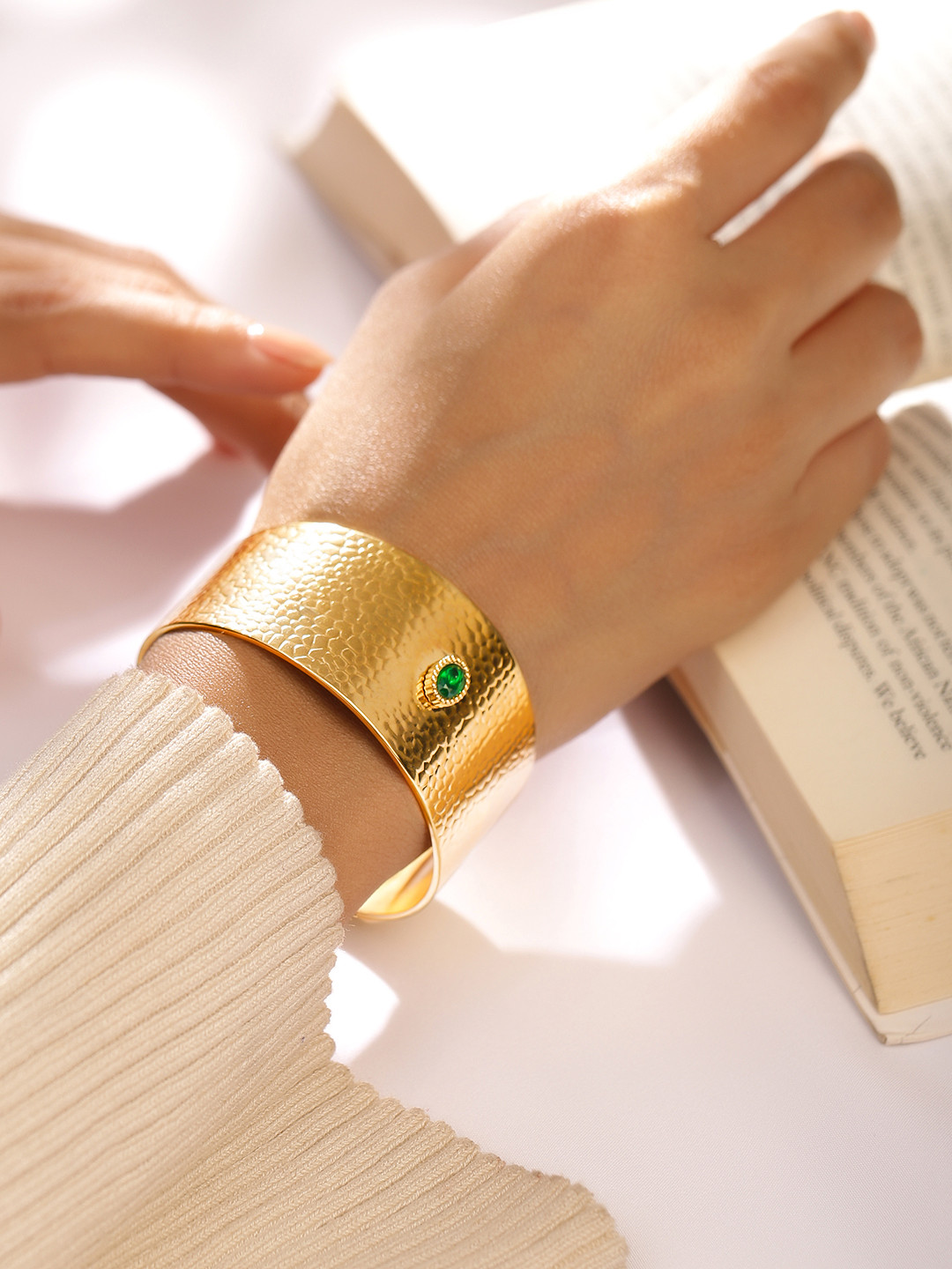 Rubans 22K Gold-Plated Free Size Textured Cuff Bracelet with Emerald Green Accent