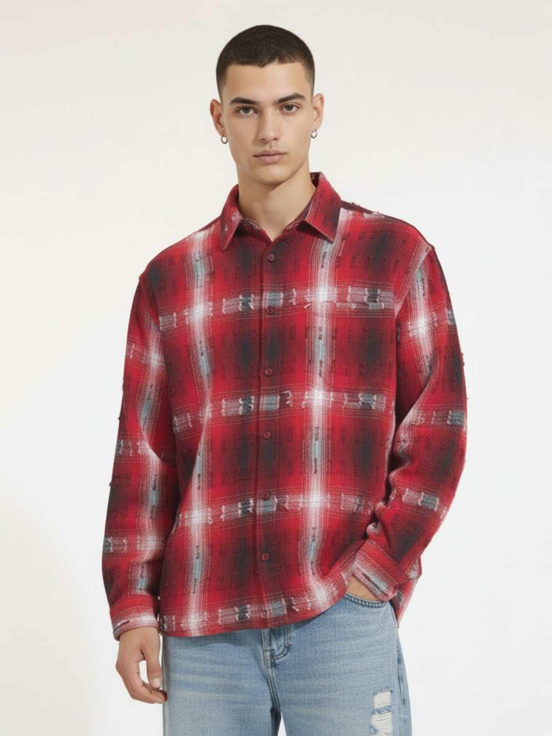 glitchez Checked Spread Collar Pure Cotton Oversized Casual Shirt